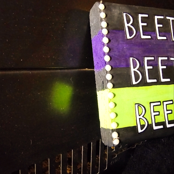 Handmade Solid 1" Wooden Beetlejuice Hanging Sign Decor Black Green Purple - Picture 3 of 11